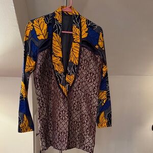 Printed Open-Front Blazer Jacket in Yellow & Blue